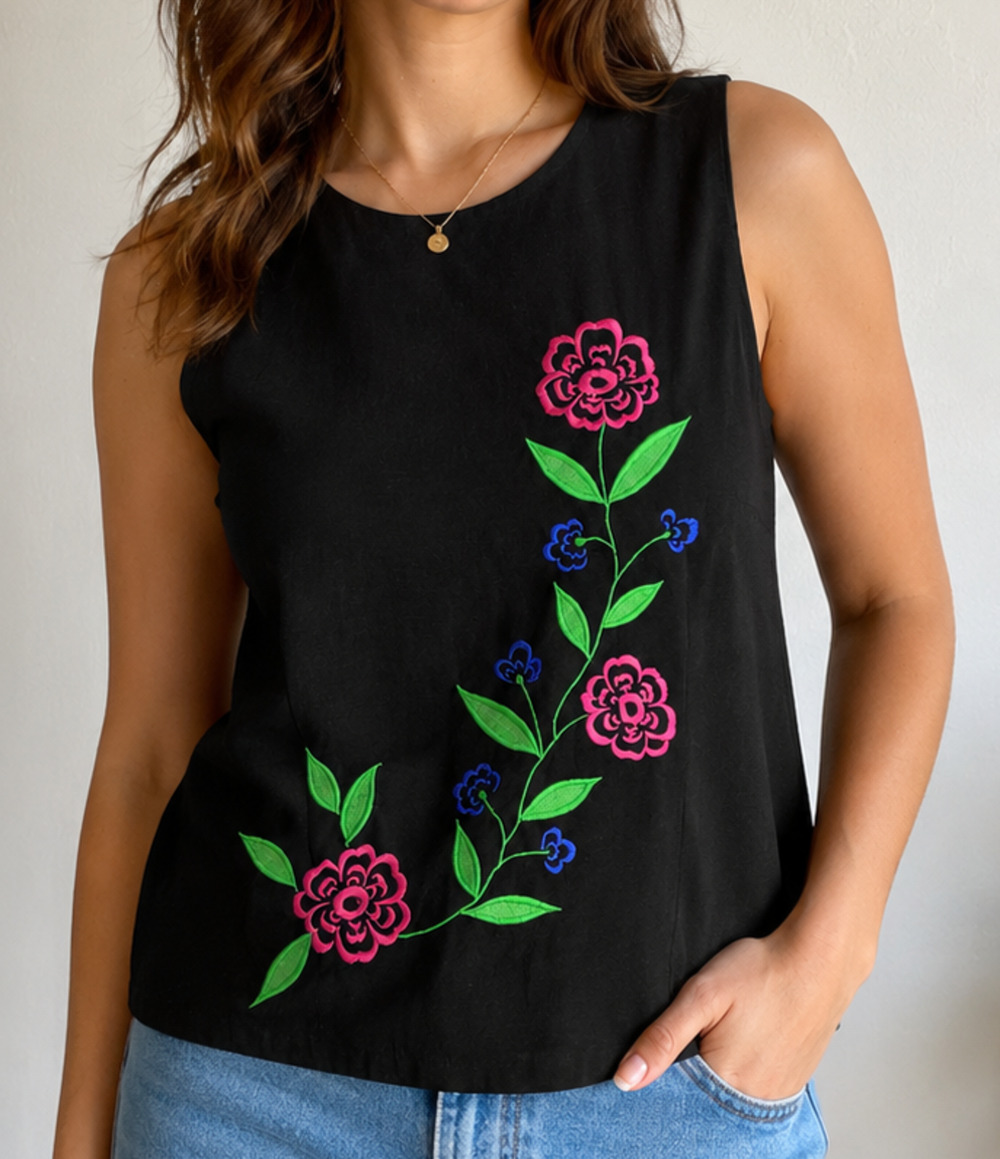 MHM Melissa Harper Womens 14 Black Linen Blend Embroidered Sleeveless Top Resort